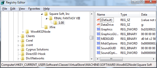Usermode registry settings of Final Fantasy VIII